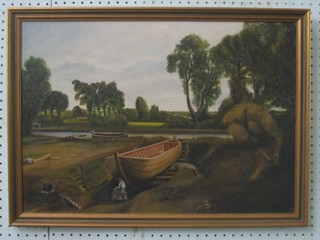 A J Bellisio, after Constable, oil on board "Boat Building Flatford Mill" 15" x 22"