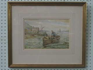 Watercolour drawing "Fishing Boat Coming into Harbour" monogrammed EAS 7" x 10"