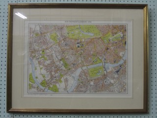 A framed coloured street map of South West London 1896 12" x 18"
