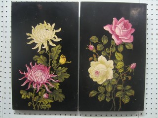 A pair of rectangular lacquered panels with painted floral decoration 15" x 9"