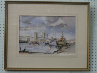 Edward Pearce, watercolour drawing "Hamilton Dock Lowestoft" signed and dated '91, 9" x 14"