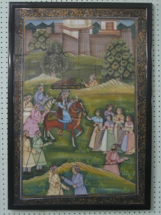 An Eastern painting on silk panel "Scene of Nobleman with Attendants" 26" x 17"