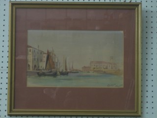 Watercolour drawing "Venetian Scene with Canal, Barges etc" 7" x 12" indistinctly signed and dated to right hand corner