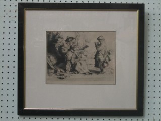 An etching after W Strang dated '82 "Two Seated Figures with Tinker" 6" x 9"