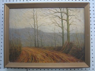 E Martin, oil on canvas "Country Wooded Track with Hills in Distance" 11" x 14"