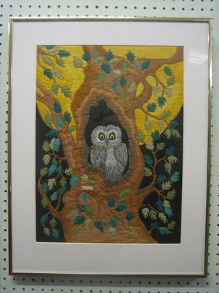 Russian School, collage of an owl in tree 14" x 10" the reverse inscribed