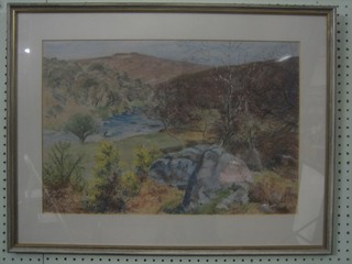 E B Cozens, pastel "The Dart Below The Conference of The O'Brook and The Dart Dartmoor" 15" x 21"