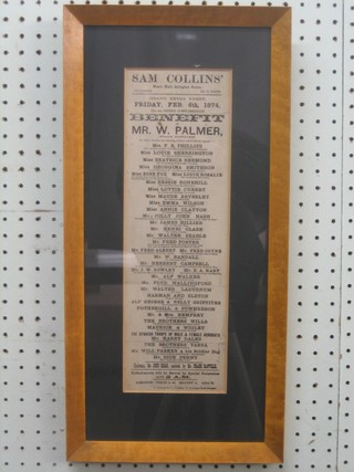 A Victorian hand bill for Sam Collins Musical Islington Green Friday February 6 1874 15" x 4 1/2" contained in a walnut frame