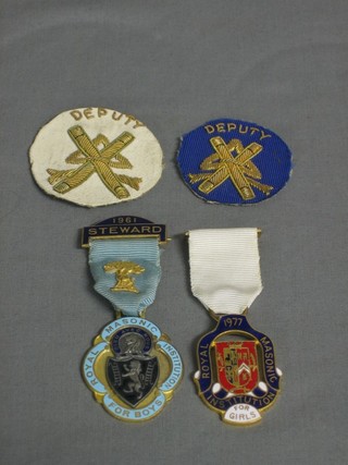 A 1961 gilt metal and enamel Masonic Charity jewel, 1 other and 2 cloth badges for Deputy Director of Ceremonies 