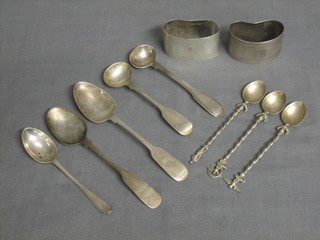 2 silver napkin rings, 2 Victorian silver mustard spoons, 3 teaspoons, 3 Continental silver spoons 5 ozs