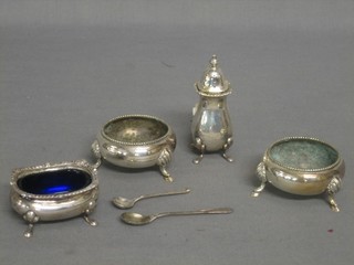 A pair of silver plated salts, do. salt, do. pepper,