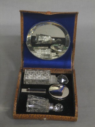 2 cut glass scent bottles, a compact and a lipstick case, cased