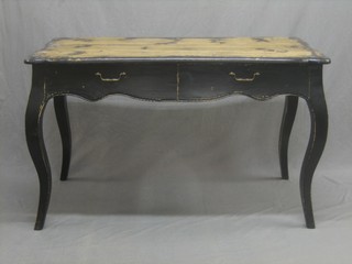 An  elm black painted Continental style side table fitted 2 drawers and raised on cabriole supports 51"