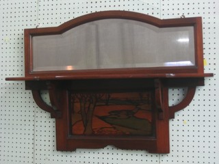 An Edwardian Art Nouveau arched plate over mantel mirror incorporating a mahogany shelf with parquetry style panel 31" 