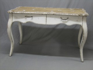 A Continental style white painted elm side table fitted 2 drawers, raised on cabriole supports 51"