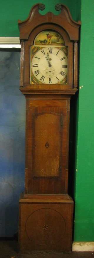 An 18th Century 30 hour longcase clock, the arch painted dial with Roman numerals and subsidiary second hand, contained in an inlaid oak case 84" (case requires some attention)