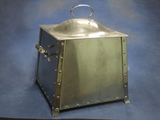 An Art Nouveau square twin handed chromium coal bin and lid 13"