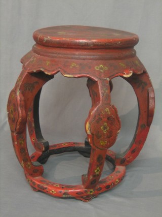 A 19th Century Oriental circular red lacquered jardiniere stand 13"