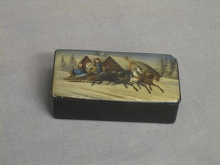 A rectangular Russian lacquered box, the lid decorated a sleigh scene 3"