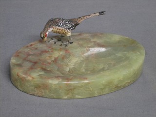 An onyx oval ashtray decorated an Austrian cold painted bronze figure of a cock pheasant 6"
