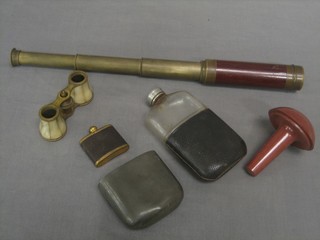 A 19th Century pocket 3 draw telescope together, a pair of mother of pearl opera glasses (f), a Bakelite darning needle, a 19th Century hip flask and a miniature Persian flask