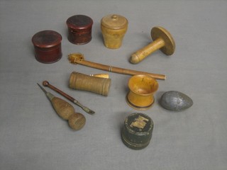 A 19th Century wooden darning mushroom, a wooden die shaker, a wooden trinket box, a collection of treen etc
