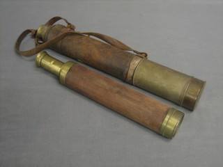 A brass and mahogany 2 draw telescope and 1 other