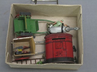 A Britons model cart, 1 other horse, other Britons figures and a George V Chad Valley pillar box 