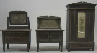 An Edwardian dolls house 3 piece bedroom suite comprising wardrobe, inlaid mahogany dressing chest with mirror fitted 2 long drawers and a wash stand with marble back 10"