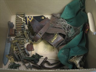 A leather Sam Brown belt and sword frog, a Royal Artillery side hat, an Oddfellows sash and other curios etc
