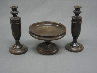 A pair of turned oak candlesticks 12" and a turned oak bowl 9"