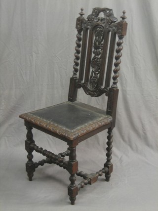 A Victorian Carolean style high back chair with spiral turned decoration, raised on turned supports