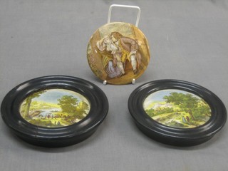A Prattware pot lid - Uncle Toby and 2 others decorated landscape contained in socle frames