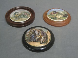 3 various 19th Century Prattware pot lids - War, Peace and Uncle Toby all contained in socle frames