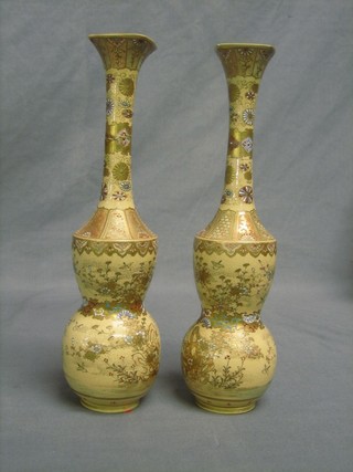 A pair of Japanese Satsuma porcelain club  shaped vases, the base with 2 incised marks and 2 character marks (both f and r) 12"