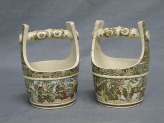 A pair of 19th Century Japanese Satsuma porcelain bucket shaped vases decorated Samurai Warriors 6" (1 f and r)