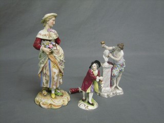 A Continental porcelain figure of a standing bonnetted lady with basket of flowers 9" (f), a do. figure depicting The Arts 6" and a figure of a gentleman 5" (f)
