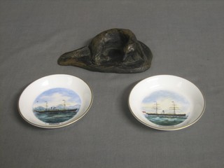 A circular Royal Worcester presentation ashtray for The Royal Funnel Line decorated the Steam Ship Agamemnon and 1 other The Orestes and a bronzed figure of a reclining dog