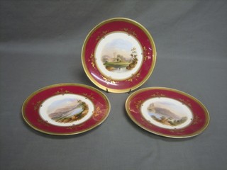 3 19th Century circular porcelain plates, painted landscape decoration - Loch Achray, Loch Maree and Kirkstal Abbey
