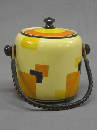 A circular Art Deco Edna Best pottery biscuit barrel and cover by Lawleys 5" (knob f and r)