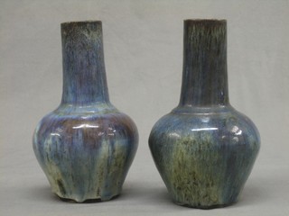 A pair of blue Oriental club shaped vases, the bases with seal mark 9"
