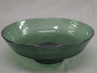 A circular Whitefriars style green glass pedestal bowl 14"
