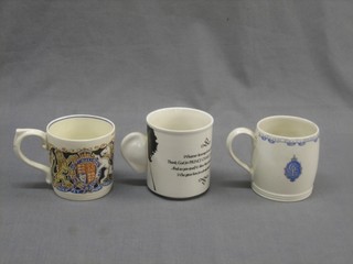 A George VI 1937 Coronation mug designed by Dame Laura Knight, a Wedgwood & Co George VI Coronation mug and a Carlton mug to commemorate the engagement and publication of Charles's Charming Challenges