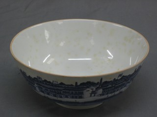 A Hong Kong blue and white porcelain bowl decorated a harbour scene 10", cased