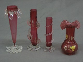 3 19th Century cranberry glass vases 8", 7" and 6 1/2" (1f) and 1 other red vase