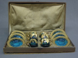 A Venetian blue glass 6  coffee service comprising 6 cups and 6 saucers, cased