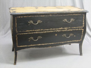 A Continental "elm" black painted chest of 2 long drawers, raised on cabriole supports 47"
