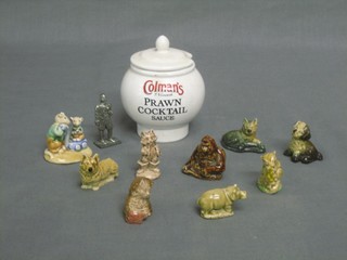 A Wade Coleman's mustard pot together with 7 various Wade Whimsie figures etc