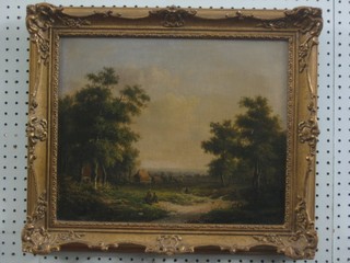 An 18th/19th Century oil painting on canvas "Rural Scene with Figures Walking" the reverse with catalogue page from Bonham & Sons Auctions July 5 1959, W Koekkoek