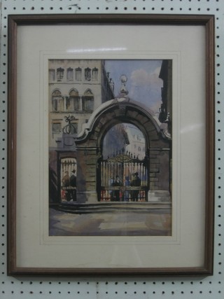 Miss C Bradley, watercolour "St James'  Piccadilly", the reverse with Royal Institute of Painters in Watercolour label 14" x 9 1/2"